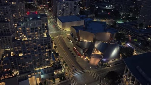 Cinematic Aerial Night Scene Showing Downtown Los Angeles Skyline and Walt Disney Concert Hall