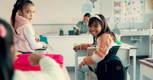 Pencil, friends help and children in classroom, kindergarten and sharing at school