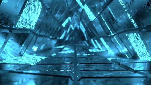 Mouvement du flux de données. Déplacement de la caméra dans un tunnel futuriste orné de motifs lumineux et d'un petit ourson