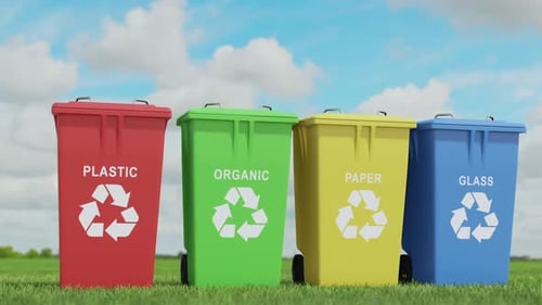 Animated 3D Recycling Bins on Grass for Waste Sorting