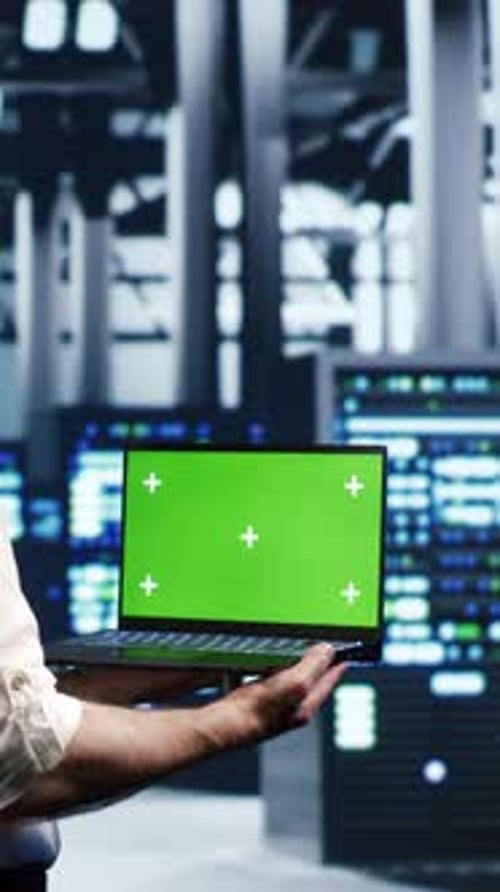 Vertical Expert Using Mockup Laptop in Server Hub