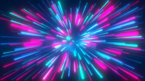Abstract tunnel of multicolored blue purple glowing bright neon laser energy beams lines