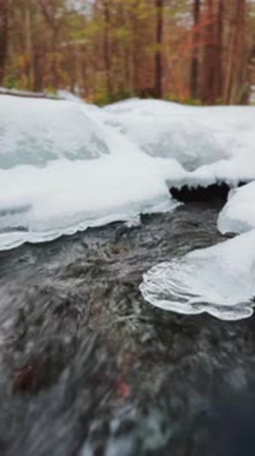 Flowing winter stream with icy edges