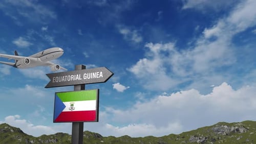 Equatorial Guinea Flag With Airplane And Arrow Sign
