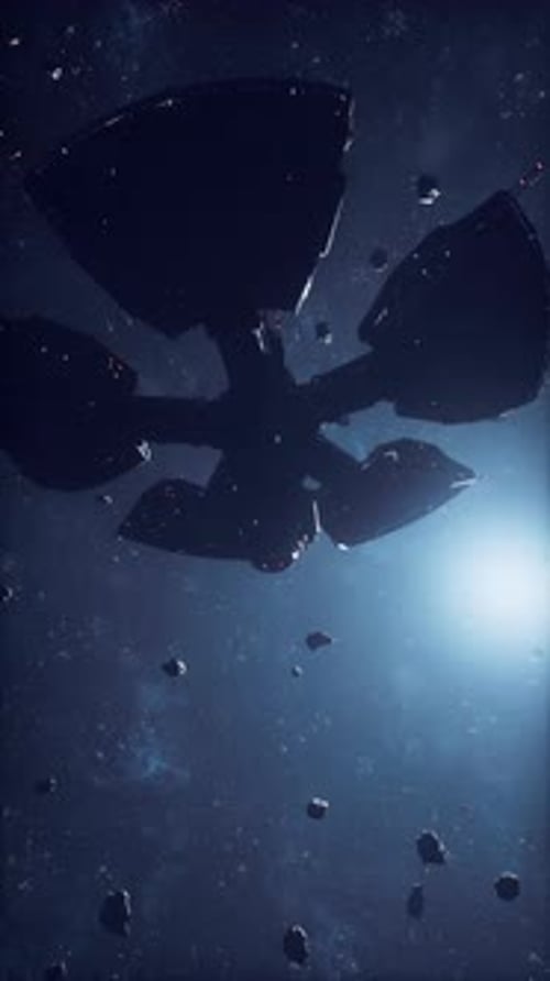 A Massive Spaceship Navigates Through a Field of Asteroids in Deep Space