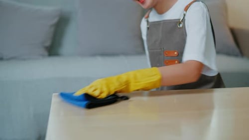 Young Adult Cleaning Table with Spray and Cloth