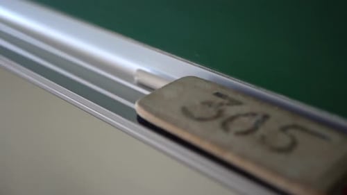 School chalkboard eraser panning shot