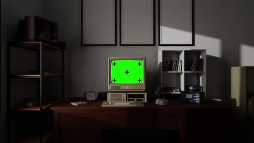 Old Computer With Green Chroma Key Screen, Desktop Pc. Retro Room