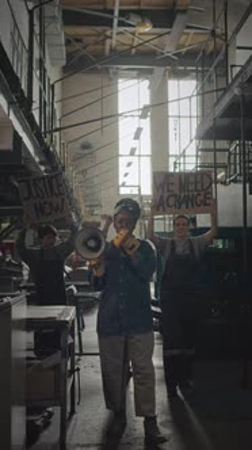 Diverse Women on Strike against Labor at Industrial Factory