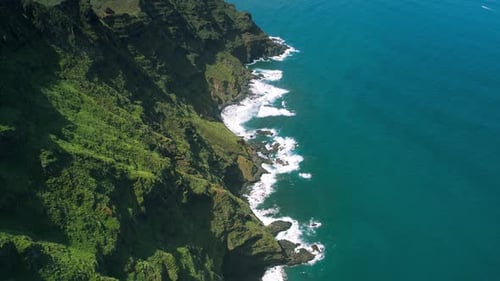 Green Spring Mountains on Blue Ocean Coastline in Tenerife Sea Waves on Scenic Rocky Beach Near