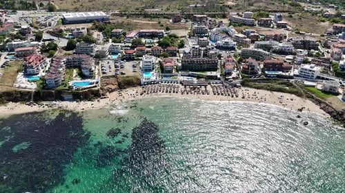 Aerial View of Sozopol Central Beach on Sunny Day