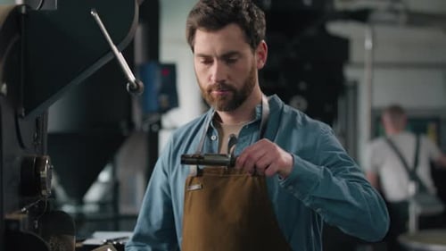Caucasian Man Barista Work with Roaster Machine on Factory Coffee Roasting Fresh Beans Smelling