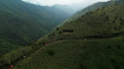 Column of Enduro Motorcycles Riding on a Tropical Mountain