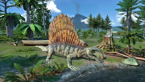 Animated Dimetrodon Drinking Water in Prehistoric Landscape