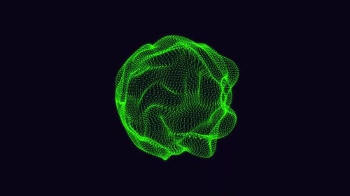 Abstract green color particles and waves of magical sphere background.