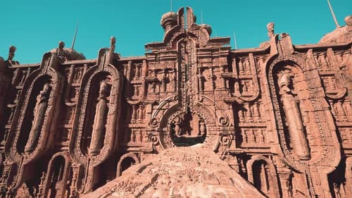 Un temple d'argile rouge aux murs ornés de détails
