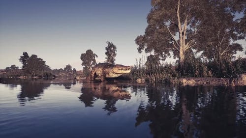 Crocodile se reposant près de l'eau au crépuscule dans un habitat naturel