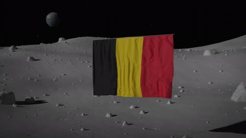 Belgian Flag Waving on Moon Surface with Distant Earth View