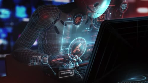 Futuristic AI Robot Operating Laptop with Holographic Data Interface