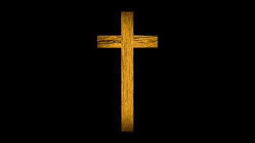Golden religious christian cross rotate, 3d render with alpha channel. Metal catholic cross