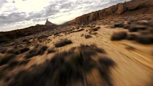 Dynamic Fpv Drone Shot of Bardenas Reales Desert in Southeast Navarre Spain