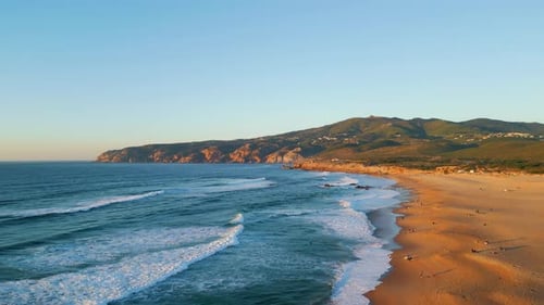 Panoramic Marine Landscape Summer Sunset. Aerial View Foamy Ocean Waves Rolling At