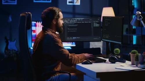 Programmer Developing Code on Computer Screen While in Personal Office