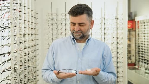Hombre mayor sostiene lentes de contacto y anteojos en la tienda de óptica