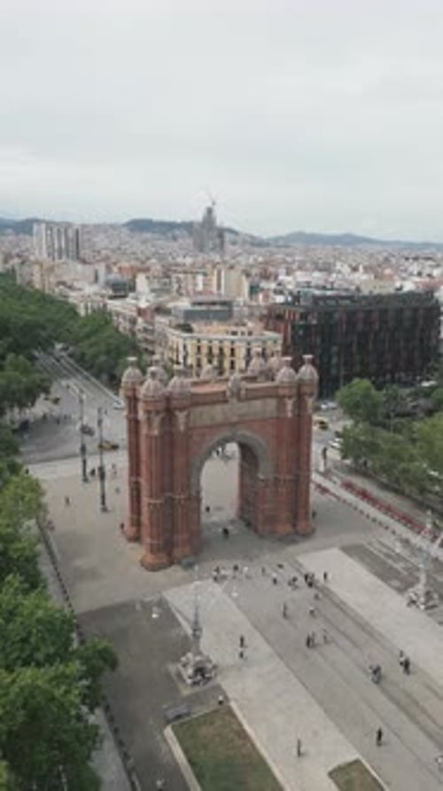 Aerial view of Arc de Triomf with Promenade Passeig de Lluís Companys in Barcelona Spain