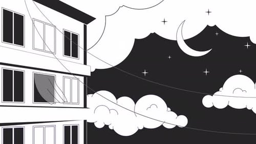Flat Design Animated Night Scene with City Building and Moving Clouds