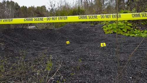 Crime scene tape in front of crime markers next to evidence on dark gravel outdoors in a forest area