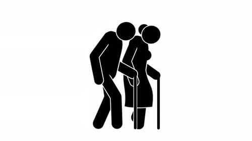 Animated Stick Figures of Elderly Couple Walking with Cane