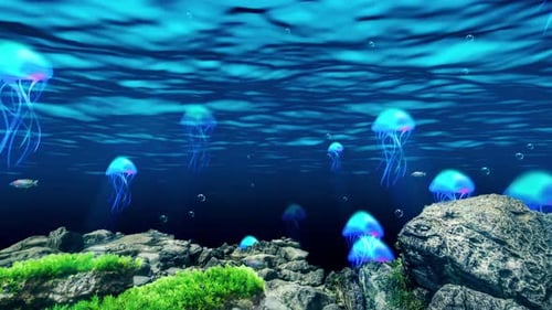 Animated Underwater Scene with Bioluminescent Jellyfish and Swimming Fish