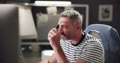 Business, decision and man in office, computer and planning for project, thinking and copywriting