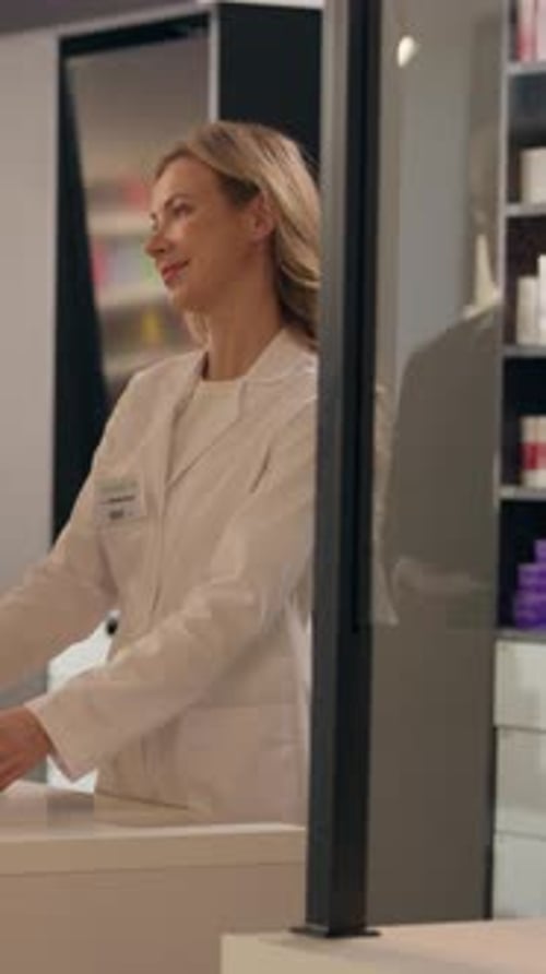 Pharmacist Woman Sell Medicine in Pharmacy Cashier Counter Help Customers Buying Medication Health