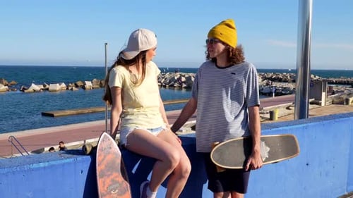 Young Friends Chatting at Beach with Skateboards