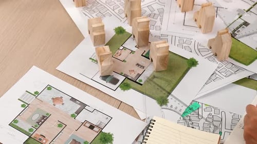 Architects Reviewing Blueprints with Wooden Model Buildings
