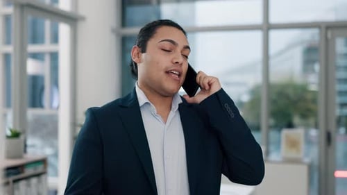 Phone call, discussion and business man in office for communication, online chat and conversation