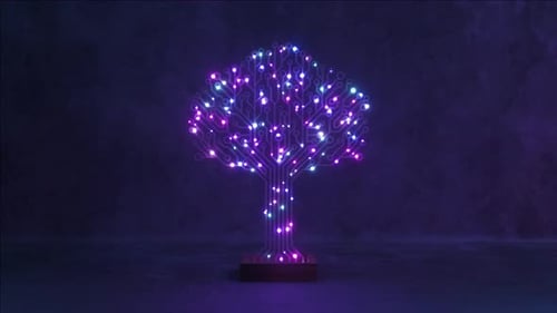 A Neon Circuit Board Tree Glows with Purple and Blue Lights a Digital Blend of Nature and Technology