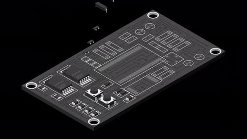 Isometrische elektronisch Platinenanimation. Isometrische Leiterplatte mit elektronisch Bauelementen