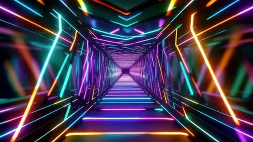 Futuristic Neon Tunnel with Glowing Abstract Geometric Lines