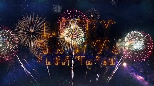 Frohe Weihnachten Frohes Neues Jahr Text Typografie Partikel Feuerwerk Explosion Funken Nachthimmel
