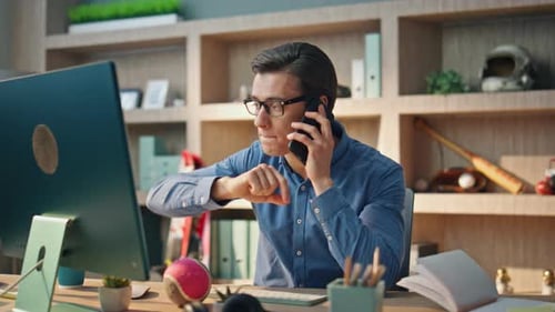 Nervous Business Man Calling Phone at Informal Office Closeup. Annoyed Manager Talking