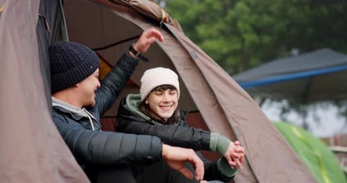 Hug, camping and couple with love, care an on a forest date, adventure and happy to travel together
