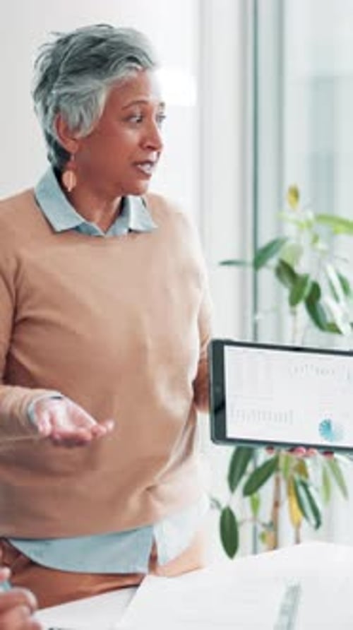 Presentation, mature or businesswoman with tablet screen for charts, data analytics