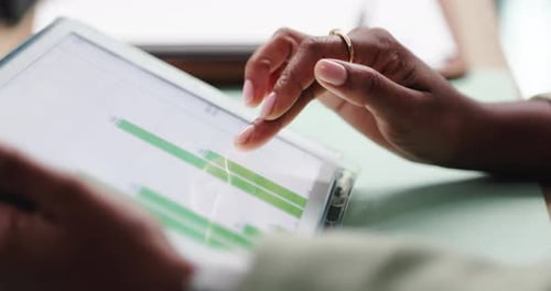 Hands, tablet and screen with graphs, review and statistics for company sales