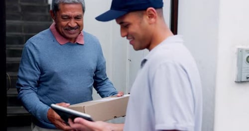 Delivery, box and man with tablet, signing for online shopping purchase at front door of home