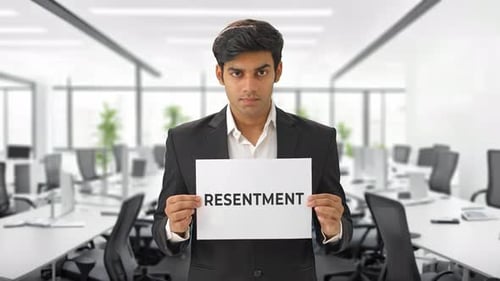 Angry Indian manager holding RESENTMENT banner
