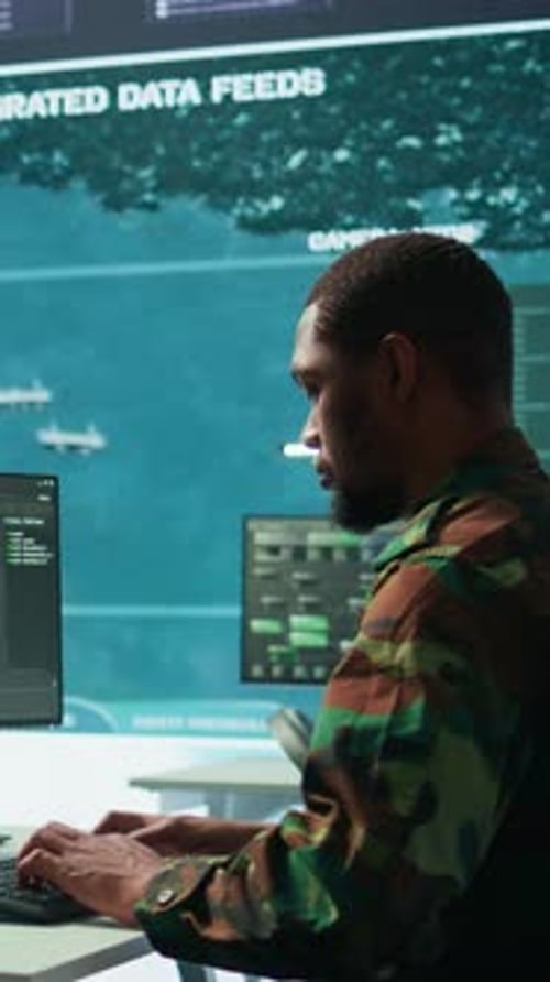 Vertical Video Military Specialist in High Tech Control Center Managing Satellite Surveillance