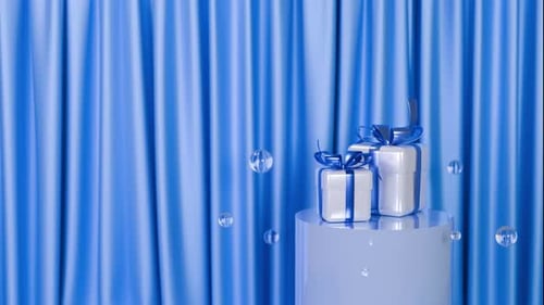 Shiny Gift Boxes Appear on Pedestal with Blue Curtains